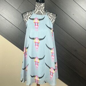 Show Me Your Mumu Women Bull Skull Print Shift Dress Sleeveless Small Blue